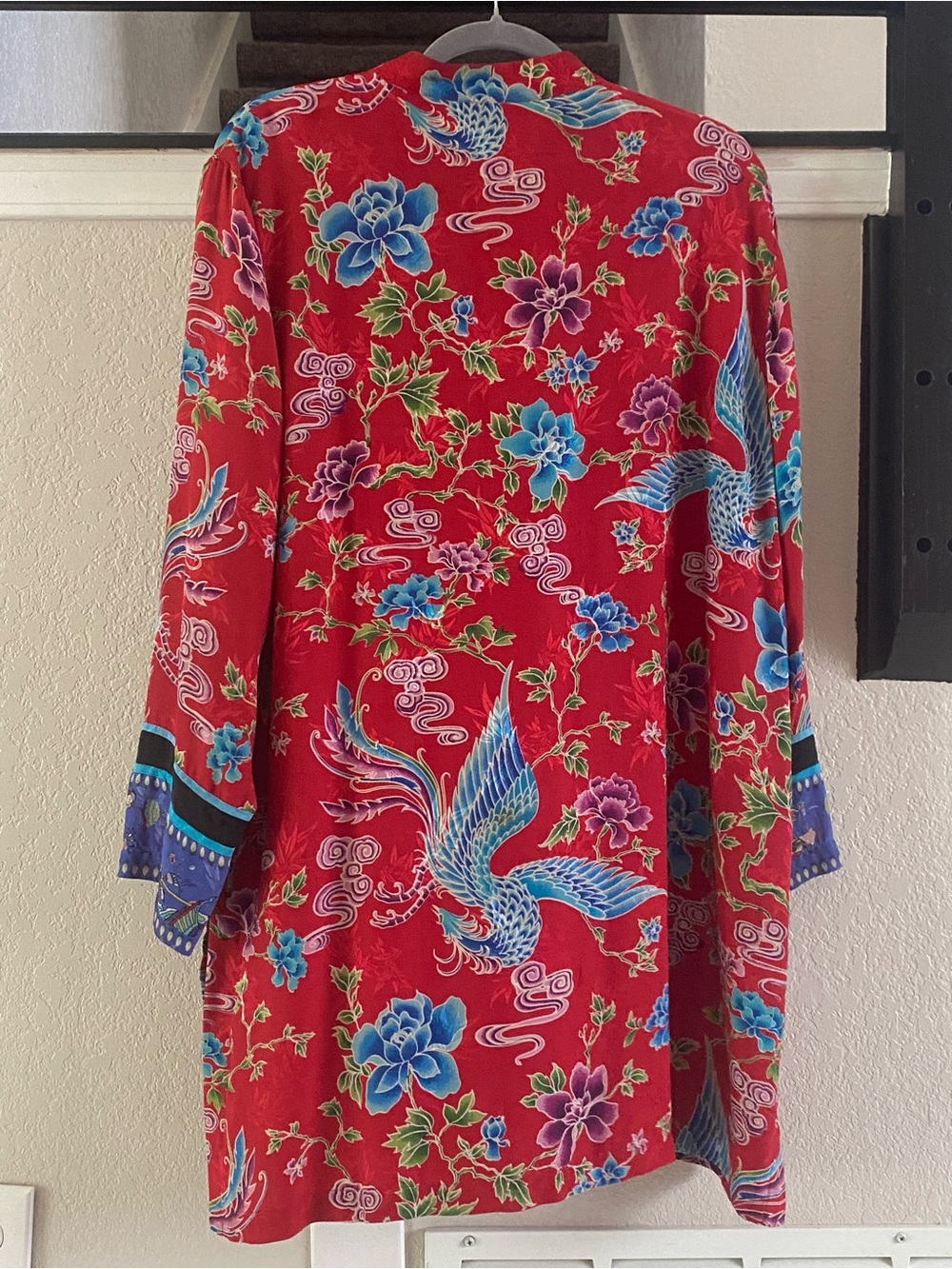 Vintage Chico's Red Silk Kimono Tunic Top with Blue Dragon and Floral Accents - Picture 2 of 8